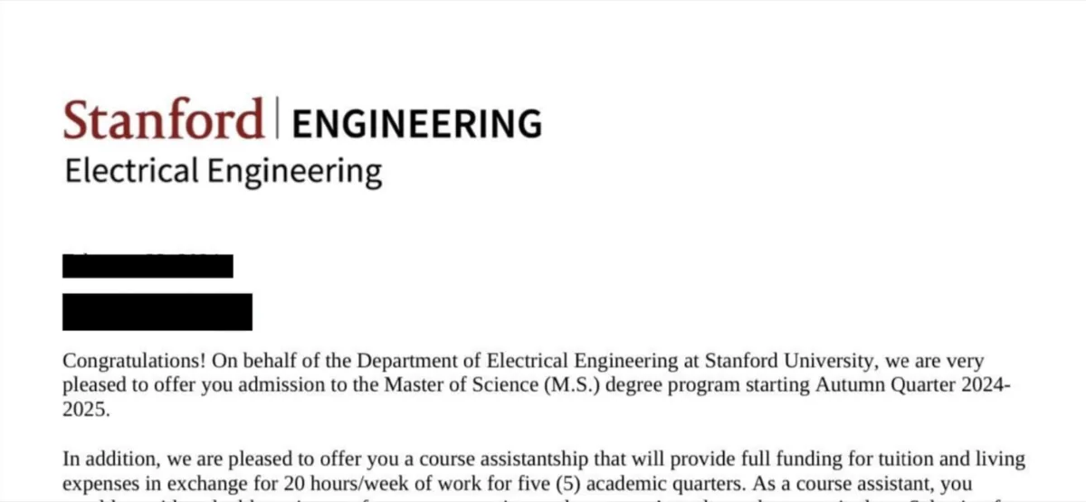 Stanford Engineering admission letter earned by a PORTICO mentor