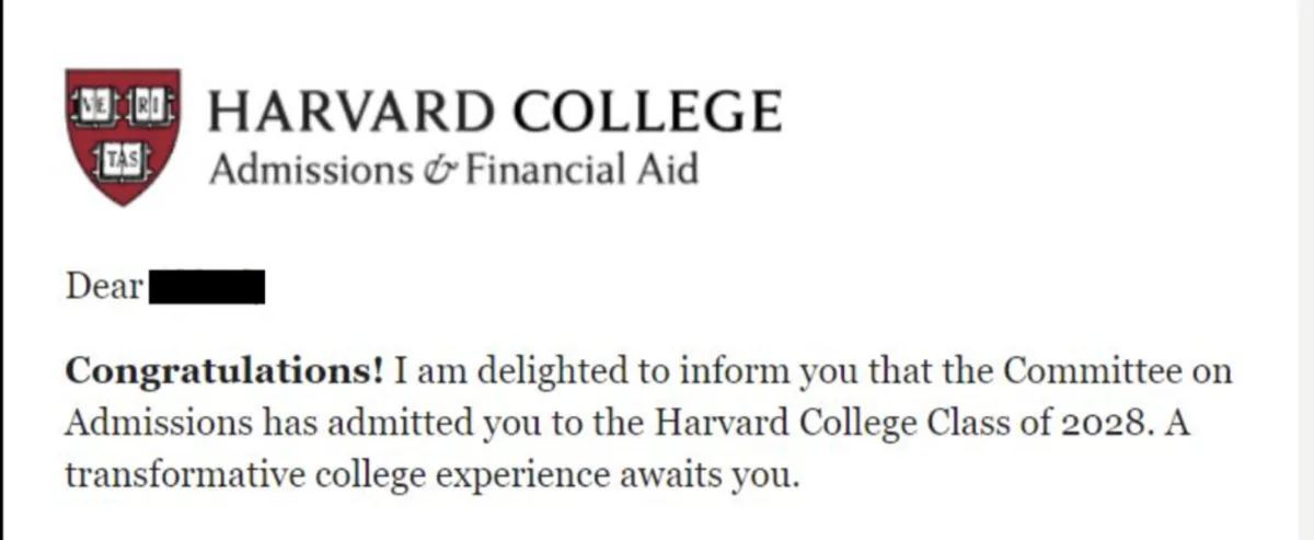 Harvard College admission letter earned by a PORTICO mentor