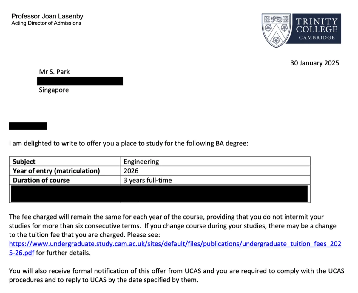 Trinity College Cambridge offer letter earned by a PORTICO mentor